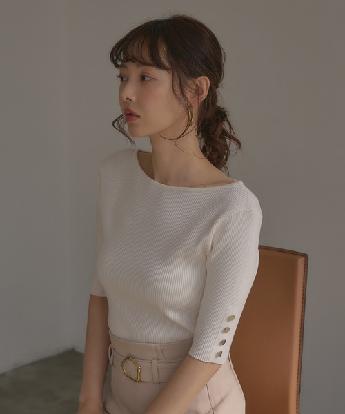 SOELA(ソエラ)の「【INGNI SOELA】袖金ボタンボートネック半袖ニット/WEB限定(ニット/セーター・レディース・アイボリー/モカ/ミント/ブラック・FREE)」の7枚目の写真