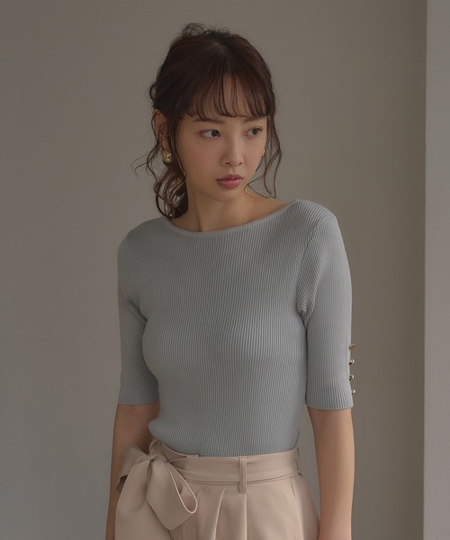SOELA(ソエラ)の「【INGNI SOELA】袖金ボタンボートネック半袖ニット/WEB限定(ニット/セーター・レディース・アイボリー/モカ/ミント/ブラック・FREE)」の11枚目の写真