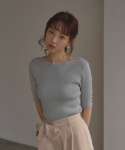 SOELA(ソエラ)の「【INGNI SOELA】袖金ボタンボートネック半袖ニット/WEB限定(ニット/セーター・レディース・アイボリー/モカ/ミント/ブラック・FREE)」の12枚目の写真