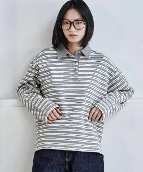 MALOUPE（マロップ）の「5113 ストライプ 裏毛 Tシャツ (グレー)（ポロシャツ・レディース・グレー・FREE）」の2枚目の写真