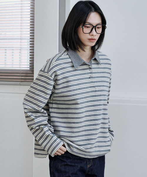 MALOUPE（マロップ）の「5113 ストライプ 裏毛 Tシャツ (グレー)（ポロシャツ・レディース・グレー・FREE）」の3枚目の写真
