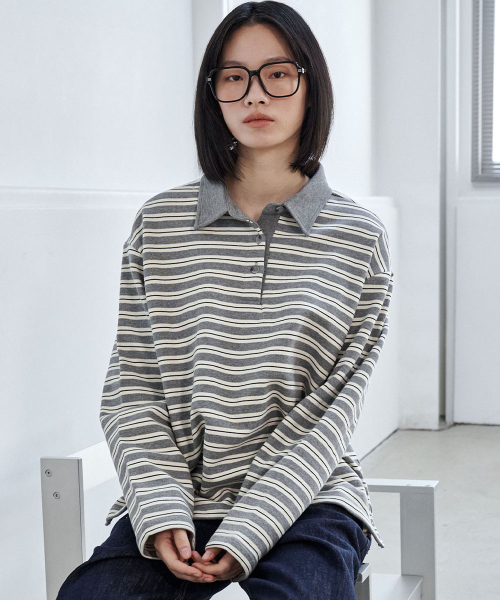 MALOUPE（マロップ）の「5113 ストライプ 裏毛 Tシャツ (グレー)（ポロシャツ・レディース・グレー・FREE）」の4枚目の写真
