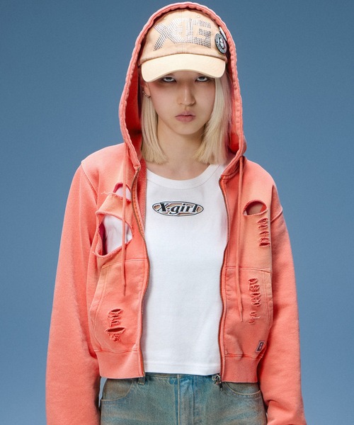 X-girl（エックスガール）の「DISTRESSED ZIP UP SWEAT HOODIE（パーカー・レディース・ブラック/オリーブ/オレンジ・S/M）」の3枚目の写真