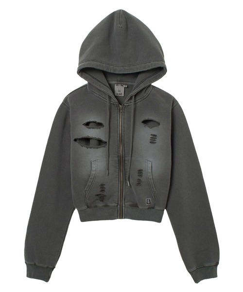 X-girl（エックスガール）の「DISTRESSED ZIP UP SWEAT HOODIE（パーカー・レディース・ブラック/オリーブ/オレンジ・S/M）」の2枚目の写真