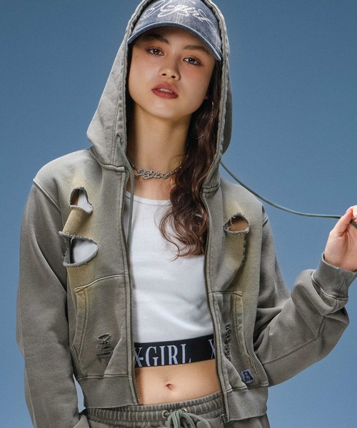 X-girl（エックスガール）の「DISTRESSED ZIP UP SWEAT HOODIE（パーカー・レディース・ブラック/オリーブ/オレンジ・S/M）」の4枚目の写真