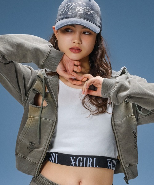 X-girl（エックスガール）の「DISTRESSED ZIP UP SWEAT HOODIE（パーカー・レディース・ブラック/オリーブ/オレンジ・S/M）」の5枚目の写真