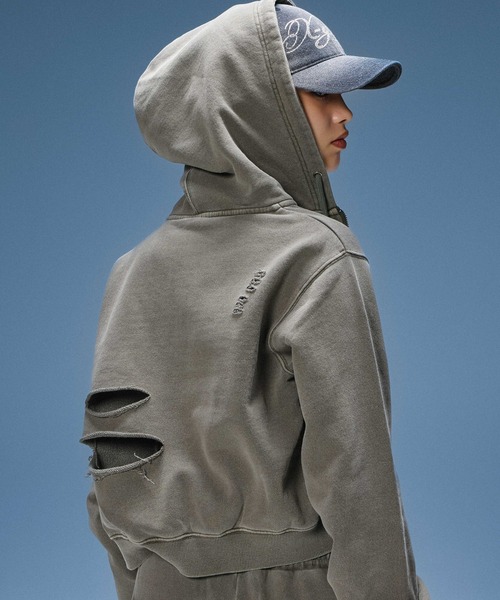 X-girl（エックスガール）の「DISTRESSED ZIP UP SWEAT HOODIE（パーカー・レディース・ブラック/オリーブ/オレンジ・S/M）」の6枚目の写真