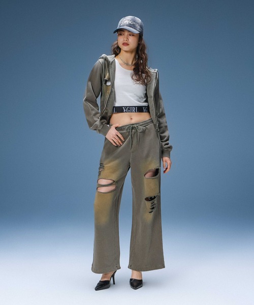 X-girl（エックスガール）の「DISTRESSED ZIP UP SWEAT HOODIE（パーカー・レディース・ブラック/オリーブ/オレンジ・S/M）」の7枚目の写真