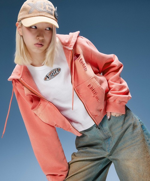 X-girl（エックスガール）の「DISTRESSED ZIP UP SWEAT HOODIE（パーカー・レディース・ブラック/オリーブ/オレンジ・S/M）」の10枚目の写真