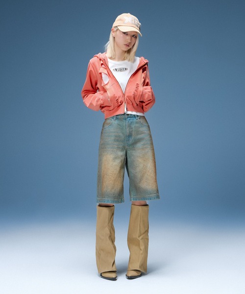 X-girl（エックスガール）の「DISTRESSED ZIP UP SWEAT HOODIE（パーカー・レディース・ブラック/オリーブ/オレンジ・S/M）」の11枚目の写真