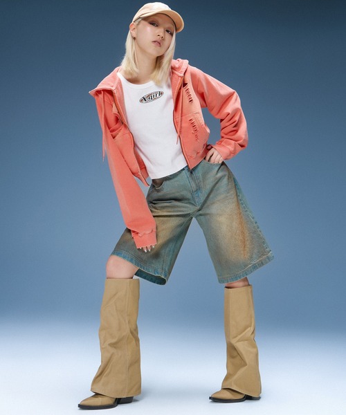 X-girl（エックスガール）の「DISTRESSED ZIP UP SWEAT HOODIE（パーカー・レディース・ブラック/オリーブ/オレンジ・S/M）」の12枚目の写真