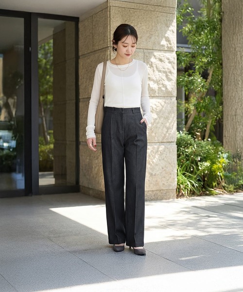 STYLE DELI（スタイルデリ）の「デニム風センターラインストレートパンツ（デニムパンツ・レディース・ネイビー/ブラック・MEDIUM/SMALL/LARGE）」の7枚目の写真