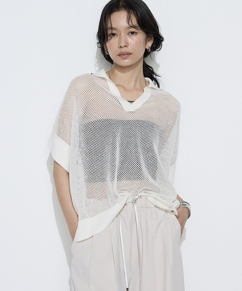 K.T KIYOKO TAKASE（キヨコタカセ）の「リネンメッシュ スキッパープルオーバー（ニット/セーター・レディース・ネイビー/キナリ/オフホワイト・7号/9号）」の2枚目の写真