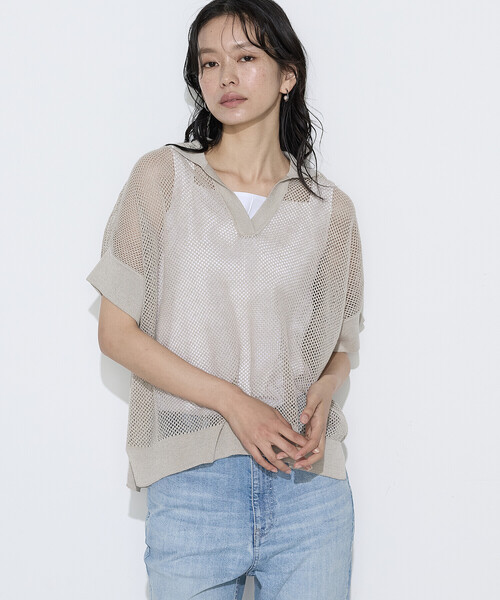 K.T KIYOKO TAKASE（キヨコタカセ）の「リネンメッシュ スキッパープルオーバー（ニット/セーター・レディース・ネイビー/キナリ/オフホワイト・7号/9号）」の3枚目の写真