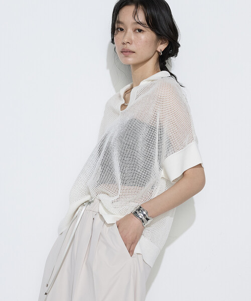 K.T KIYOKO TAKASE（キヨコタカセ）の「リネンメッシュ スキッパープルオーバー（ニット/セーター・レディース・ネイビー/キナリ/オフホワイト・7号/9号）」の8枚目の写真