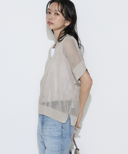 K.T KIYOKO TAKASE（キヨコタカセ）の「リネンメッシュ スキッパープルオーバー（ニット/セーター・レディース・ネイビー/キナリ/オフホワイト・7号/9号）」の19枚目の写真