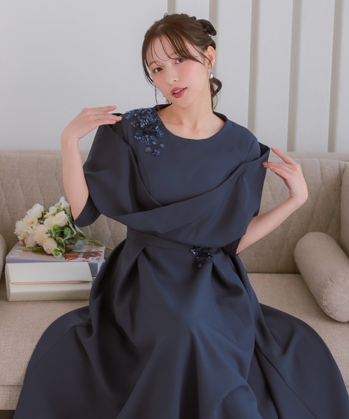 花柄袖のベージュ系Aラインドレス　大きいサイズ　結婚式　お呼ばれドレス CLOSED] パーティードレス 大きいサイズ Aライン レイヤードスリーブ花