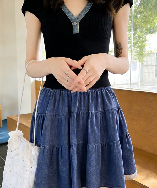 2ly2（トゥーリートゥー）の「デニムティアードミニスカート / フレアレース裾 Aラインミニスカート（デニムスカート・レディース・ネイビー/ブルー/ライトブルー・FREE）」の12枚目の写真