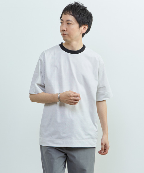 MEN'S MELROSE(メンズメルローズ)の「マイクロボーダークルーネックTシャツ | 吸水速乾 / 軽量 / UVカット(Tシャツ/カットソー・メンズ・ブラック/ホワイト/ブラウン・3/2/4)」の13枚目の写真