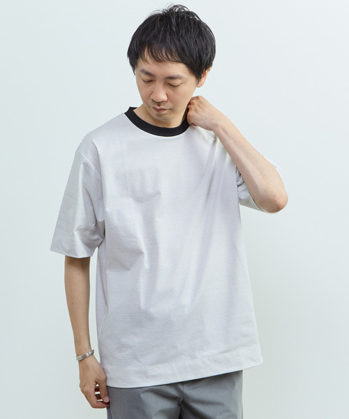 MEN'S MELROSE(メンズメルローズ)の「マイクロボーダークルーネックTシャツ | 吸水速乾 / 軽量 / UVカット(Tシャツ/カットソー・メンズ・ブラック/ホワイト/ブラウン・3/2/4)」の14枚目の写真