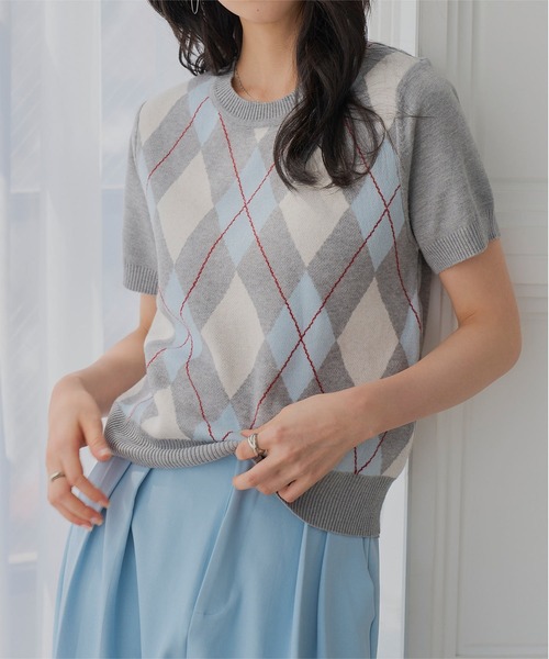 KOBE LETTUCE(コウベレタス)の「アーガイル半袖ニットトップス(ニット/セーター・レディース・ネイビー/アイボリー/グレー・M)」の6枚目の写真