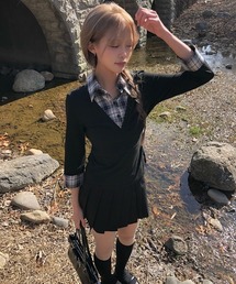 チェックシャツ風7分袖バックリボンスリムTシャツ