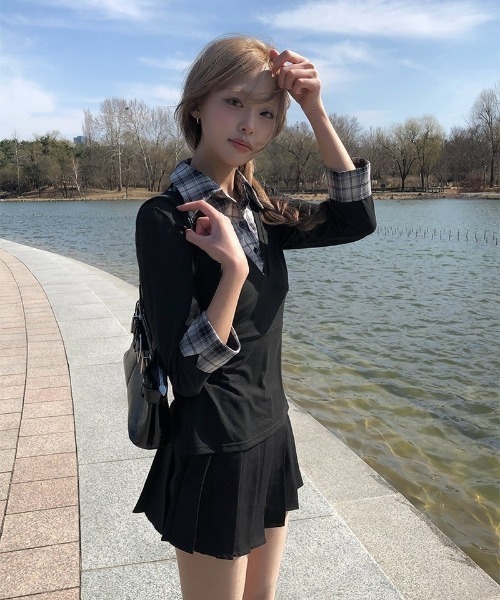 anyonemore(エニワンモア)の「チェックシャツ風7分袖バックリボンスリムTシャツ(シャツ/ブラウス・レディース・ブラック・FREE)」の8枚目の写真