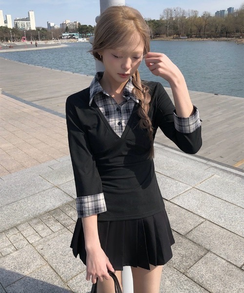 anyonemore(エニワンモア)の「チェックシャツ風7分袖バックリボンスリムTシャツ(シャツ/ブラウス・レディース・ブラック・FREE)」の7枚目の写真