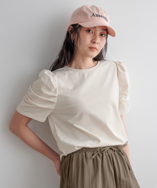 studio CLIP（スタディオクリップ）の「【daily CLIP】ボーダーパフスリーブTシャツ（Tシャツ/カットソー・レディース・チャコール/ホワイト/レッド/ネイビー/スカイブルー/オフホワイト/ブラック・FREE）」の2枚目の写真