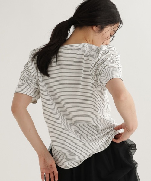 studio CLIP（スタディオクリップ）の「【daily CLIP】ボーダーパフスリーブTシャツ（Tシャツ/カットソー・レディース・チャコール/ホワイト/レッド/ネイビー/スカイブルー/オフホワイト/ブラック・FREE）」の15枚目の写真