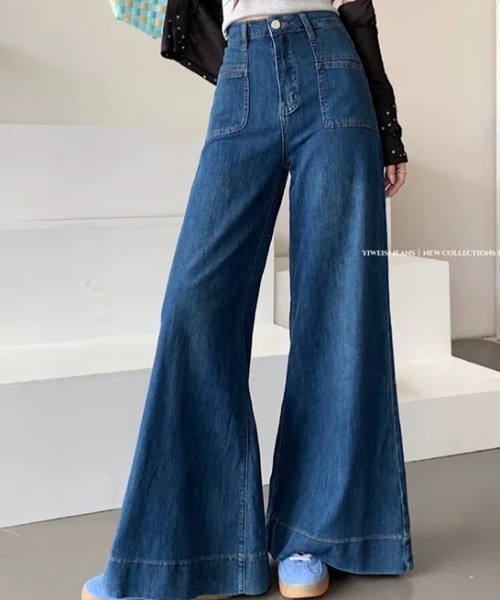 LUCPY(ラクピー)の「デニムワイドパンツ(デニムパンツ・レディース・ブルー/ネイビー・LARGE/MEDIUM/SMALL/X-SMALL)」の2枚目の写真