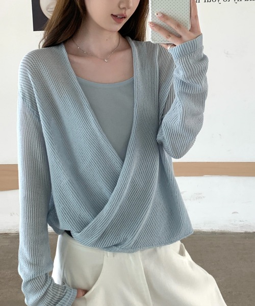 AMAJI(アマジ)の「ショート丈 レイヤードデザイン ニットトップス(Tシャツ/カットソー・レディース・ライトピンク/ライトブルー/ホワイト・FREE)」の9枚目の写真