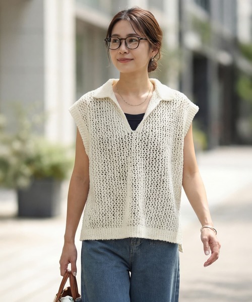 STYLE DELI(スタイルデリ)の「【selection】襟付きメッシュニットベスト(ベスト・レディース・ブラック/ナチュラル/ホワイト・FREE)」の3枚目の写真