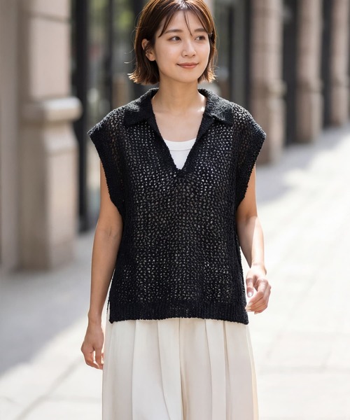 STYLE DELI(スタイルデリ)の「【selection】襟付きメッシュニットベスト(ベスト・レディース・ブラック/ナチュラル/ホワイト・FREE)」の2枚目の写真