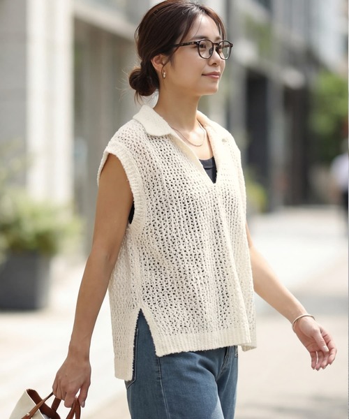 STYLE DELI(スタイルデリ)の「【selection】襟付きメッシュニットベスト(ベスト・レディース・ブラック/ナチュラル/ホワイト・FREE)」の6枚目の写真