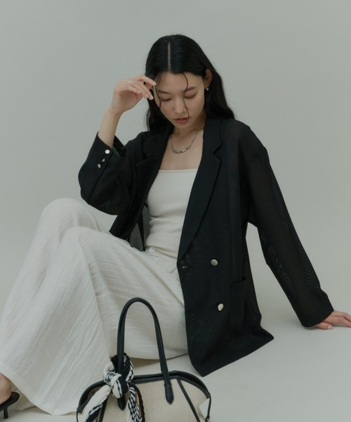 Plumel（プルメル）の「Sheer Mesh Tailored Jacket  / シアーメッシュテーラードジャケット（テーラードジャケット・レディース・ブラック/オフホワイト・MEDIUM）」の4枚目の写真
