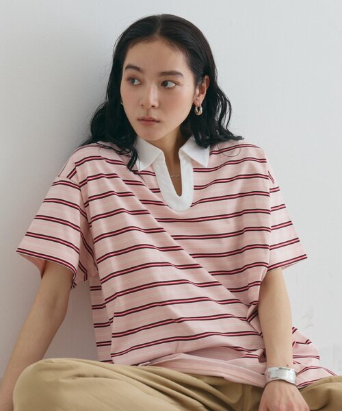 COLONY 2139(コロニートゥーワンスリーナイン)の「スキッパーボーダーラガー半袖Tシャツ(Tシャツ/カットソー・レディース・アイボリー/ネイビー/ピンク・FREE)」の3枚目の写真
