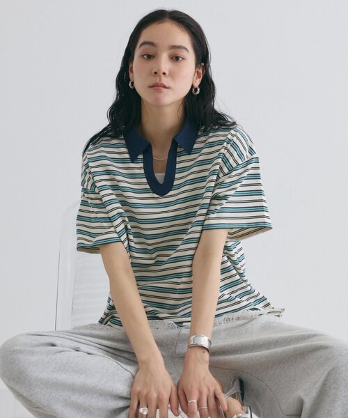 COLONY 2139(コロニートゥーワンスリーナイン)の「スキッパーボーダーラガー半袖Tシャツ(Tシャツ/カットソー・レディース・アイボリー/ネイビー/ピンク・FREE)」の2枚目の写真