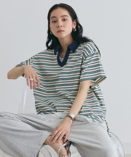 COLONY 2139(コロニートゥーワンスリーナイン)の「スキッパーボーダーラガー半袖Tシャツ(Tシャツ/カットソー・レディース・アイボリー/ネイビー/ピンク・FREE)」の5枚目の写真