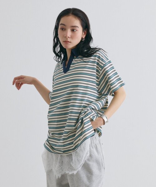 COLONY 2139(コロニートゥーワンスリーナイン)の「スキッパーボーダーラガー半袖Tシャツ(Tシャツ/カットソー・レディース・アイボリー/ネイビー/ピンク・FREE)」の6枚目の写真