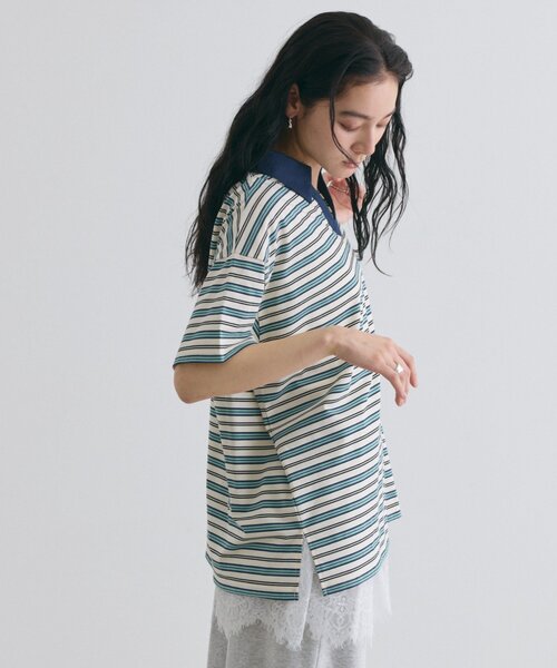 COLONY 2139(コロニートゥーワンスリーナイン)の「スキッパーボーダーラガー半袖Tシャツ(Tシャツ/カットソー・レディース・アイボリー/ネイビー/ピンク・FREE)」の8枚目の写真