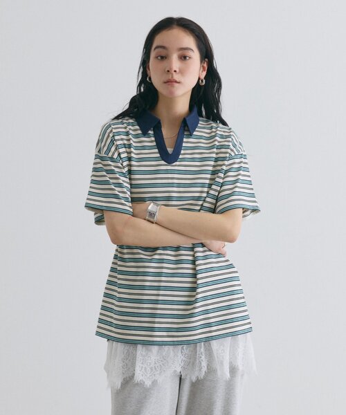 COLONY 2139(コロニートゥーワンスリーナイン)の「スキッパーボーダーラガー半袖Tシャツ(Tシャツ/カットソー・レディース・アイボリー/ネイビー/ピンク・FREE)」の11枚目の写真