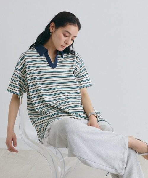 COLONY 2139(コロニートゥーワンスリーナイン)の「スキッパーボーダーラガー半袖Tシャツ(Tシャツ/カットソー・レディース・アイボリー/ネイビー/ピンク・FREE)」の12枚目の写真