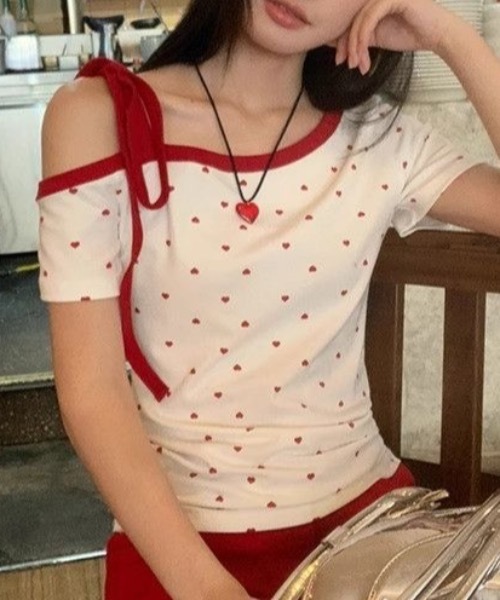 Alvia（アルビア）の「片側オープンショルダーTシャツ  リボン結びデザイン  甘辛トップス（Tシャツ/カットソー・レディース・ホワイト・M）」の14枚目の写真