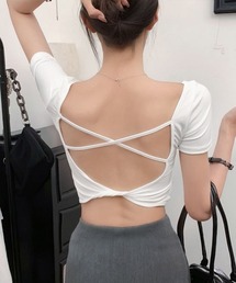背中開きカップ付き半袖Tシャツクロップド
