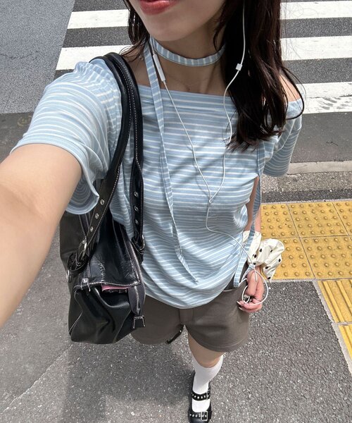 CIAOPANIC(チャオパニック)の「チョーカーセットボーダーTEE(Tシャツ/カットソー・レディース・サックスブルー/ブラック・FREE)」の1枚目の写真