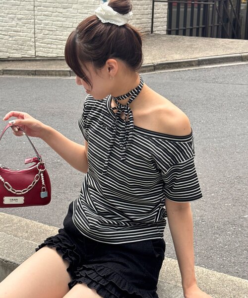 CIAOPANIC(チャオパニック)の「チョーカーセットボーダーTEE(Tシャツ/カットソー・レディース・サックスブルー/ブラック・FREE)」の2枚目の写真