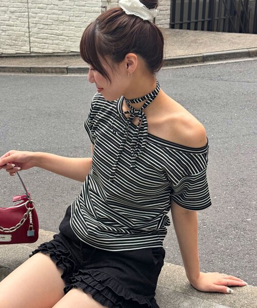 CIAOPANIC(チャオパニック)の「チョーカーセットボーダーTEE(Tシャツ/カットソー・レディース・サックスブルー/ブラック・FREE)」の4枚目の写真