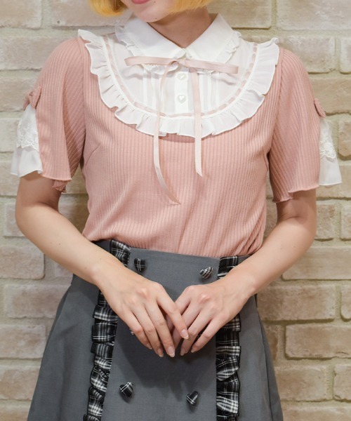 axes femme POETIQUE(アクシーズファムポエティック)の「ヨークフリルブロッキングPO(Tシャツ/カットソー・レディース・ピンク/ホワイト/ブラック・MEDIUM)」の3枚目の写真