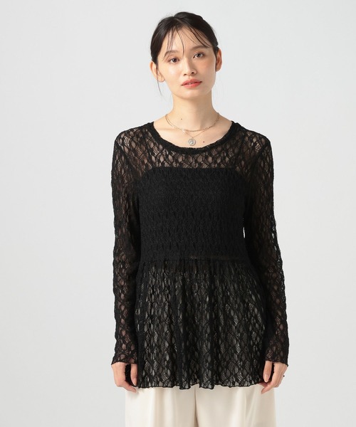 BAYFLOW(ベイフロー)の「ペプラムレースロングスリーブトップス(Tシャツ/カットソー・レディース・オフホワイト/ブラック・FREE)」の2枚目の写真